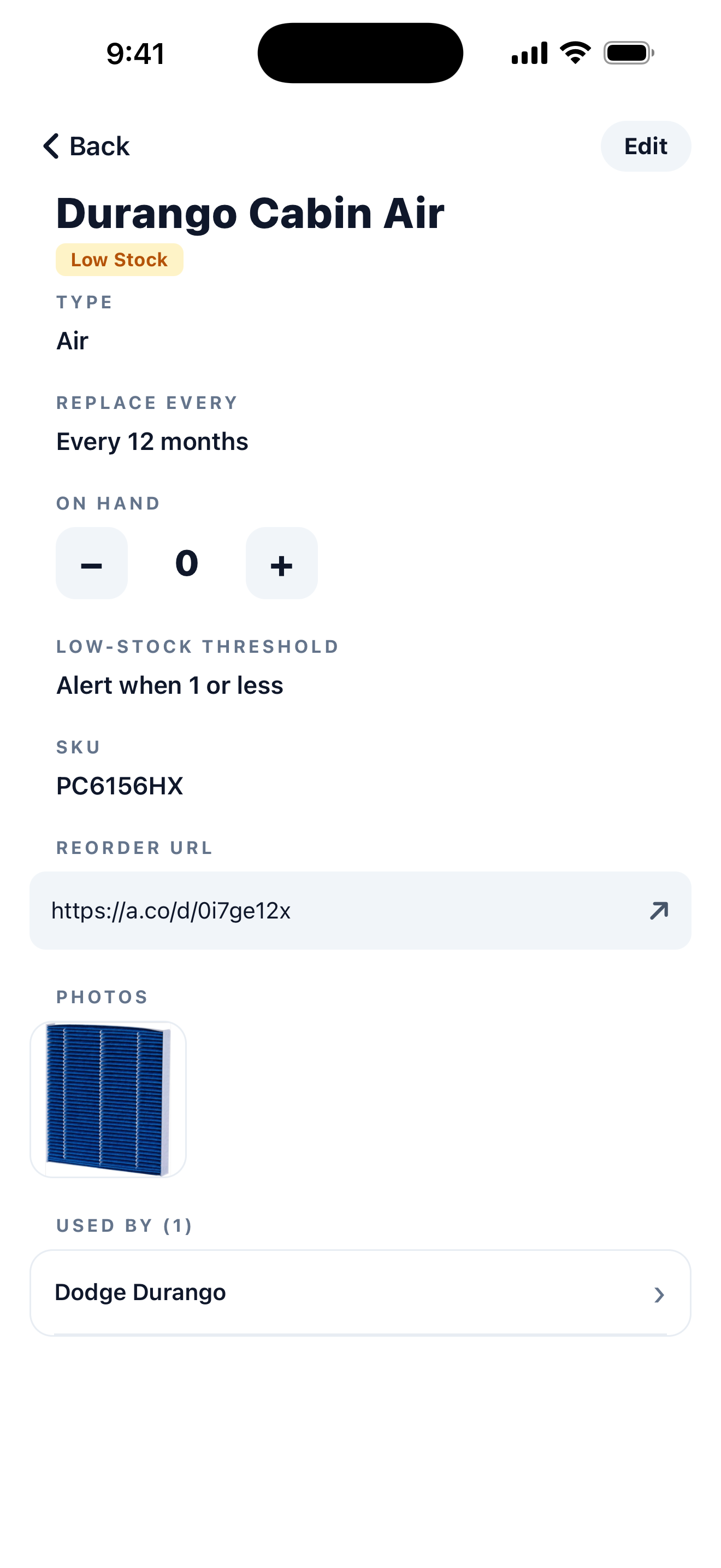 The Filter List filter detail screen showing type, replacement interval, SKU, reorder link, and a reference photo