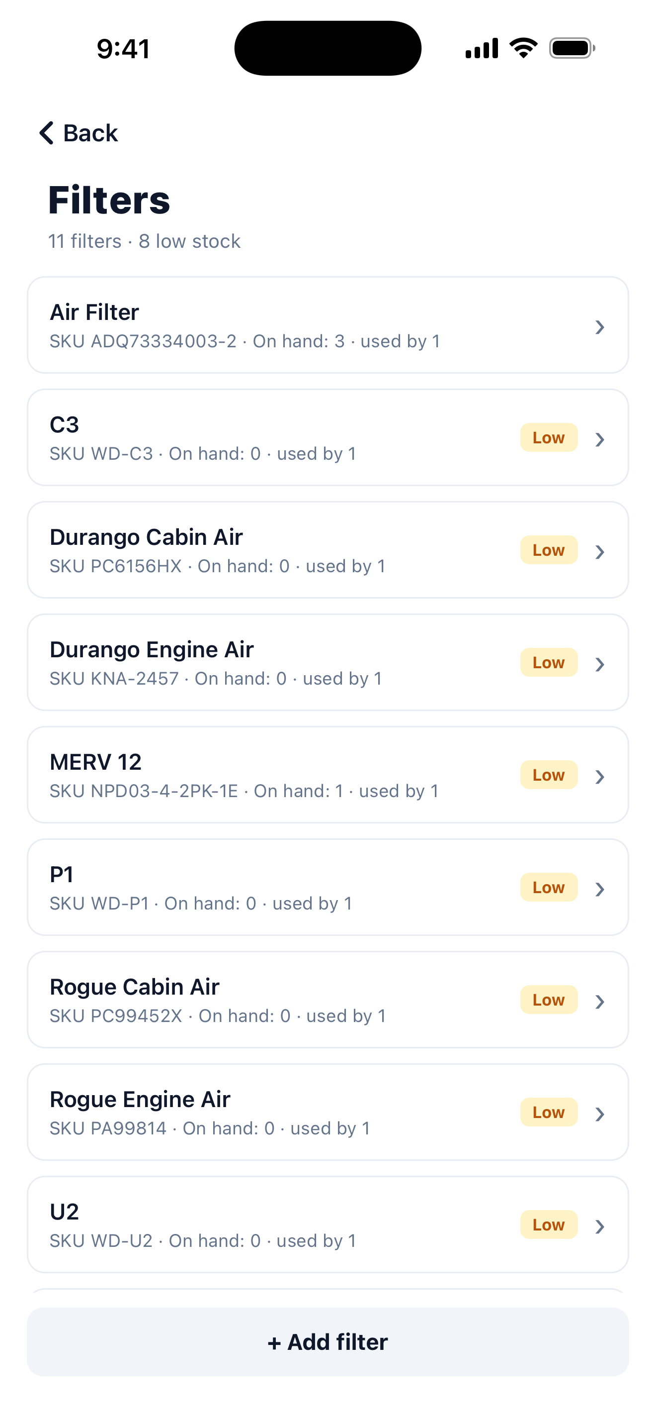 The Filter List Filters screen showing on-hand stock counts and low-stock badges